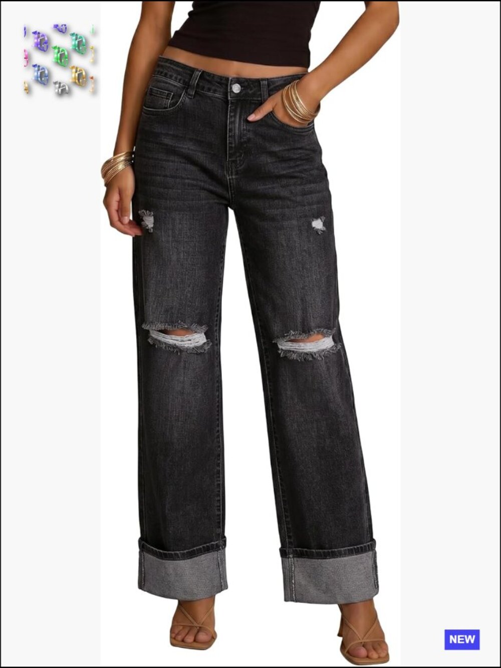 Wide Leg Jeans High Waisted Stretchy Ripped Denim Pants Cuffed 90s Baggy